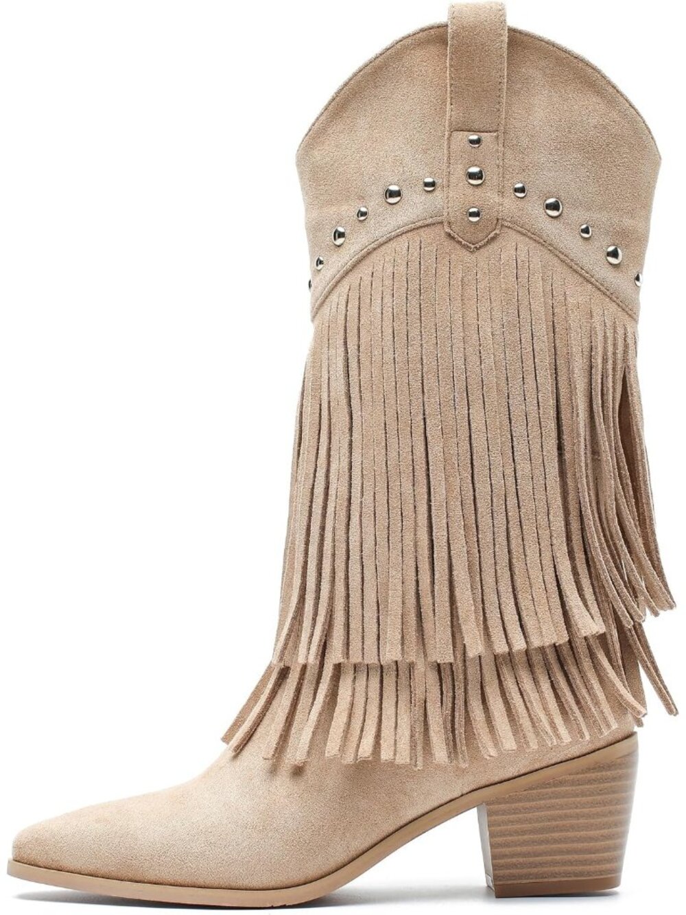 Women's Khaki Western Fringe Boots Mid-Calf Cowgirl Boot with Studded Block Heel